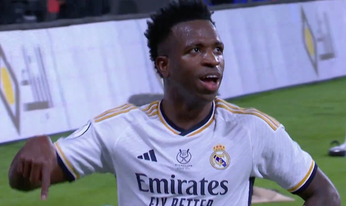 Vinicius Junior pictured celebrating after scoring a hat-trick for Real Madrid against Barcelona in the final of the Supercopa de Espana in January 2024