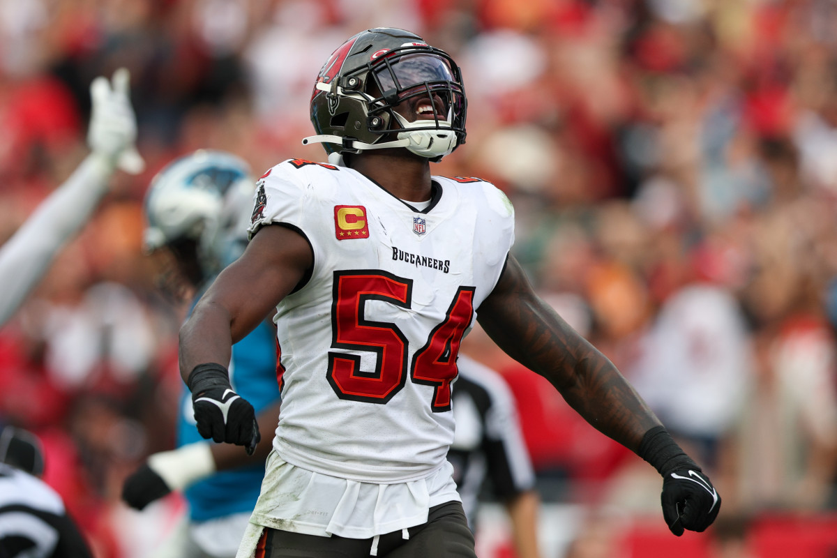 Jan 1, 2023; Tampa, Florida, USA; Tampa Bay Buccaneers linebacker Lavonte David (54) reacts after a play against the Carolina Panthers in the fourth quarter at Raymond James Stadium. Mandatory Credit: Nathan Ray Seebeck-USA TODAY Sports