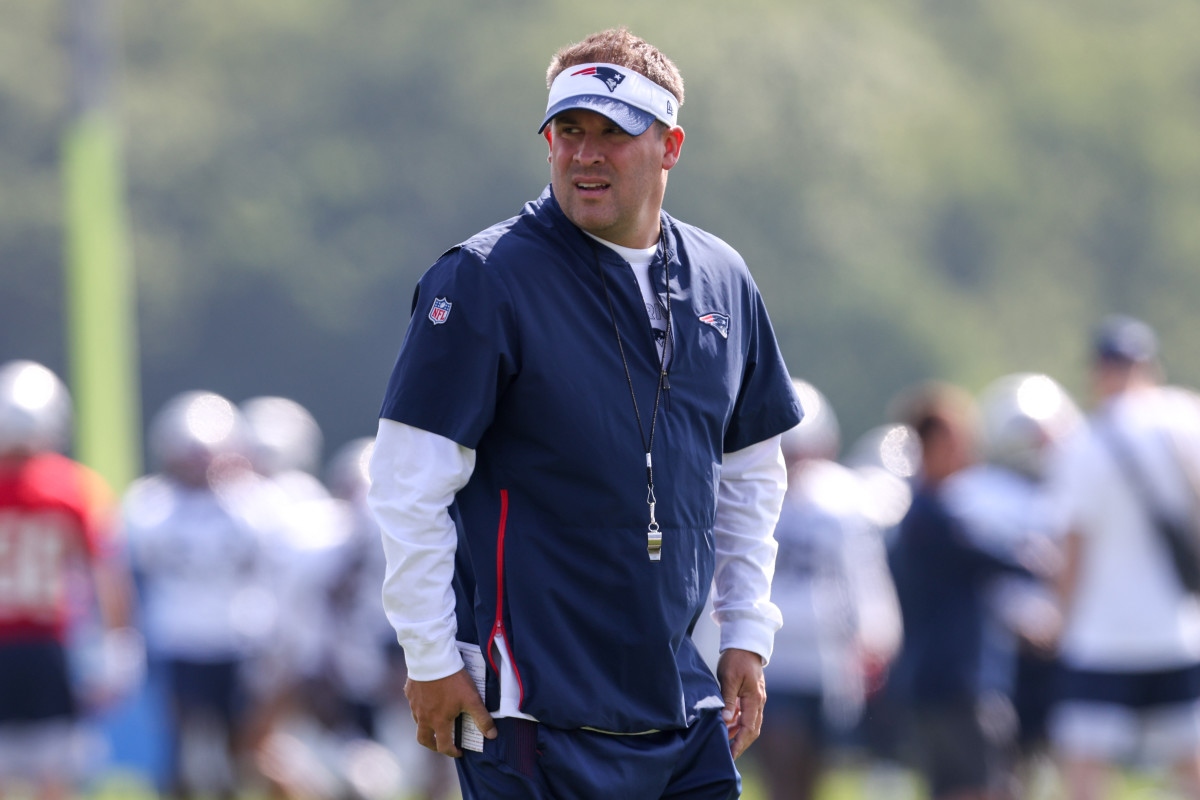 Jul 30, 2021; Foxborough, MA, United States; New England Patriots offensive coordinator Josh McDaniels reacts during training camp at Gillette Stadium.  