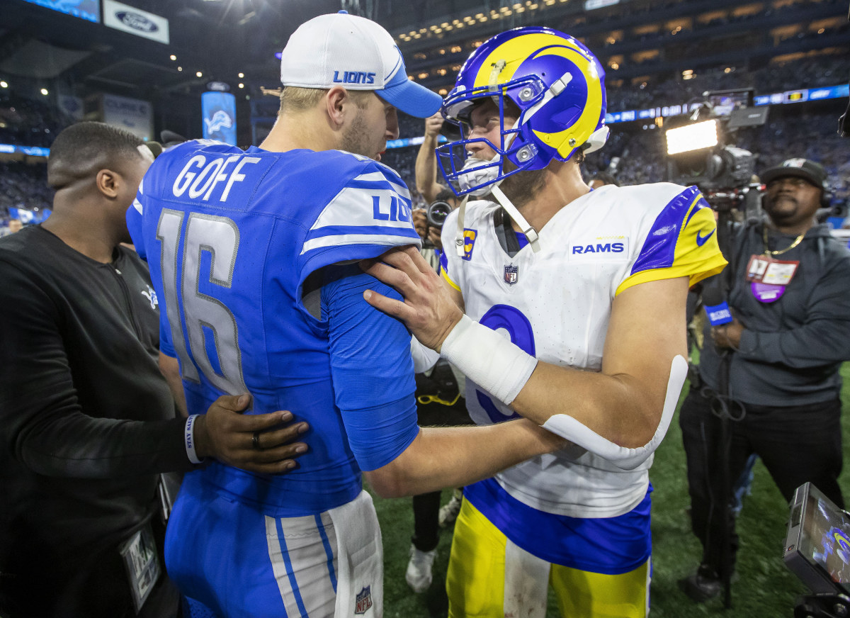 Jan 14, 2024; Detroit, Michigan, USA; Detroit Lions quarterback Jared Goff (16) and Los Angeles Rams quarterback Matthew Stafford (9) greet each other after a 2024 NFC wild card game at Ford Field.