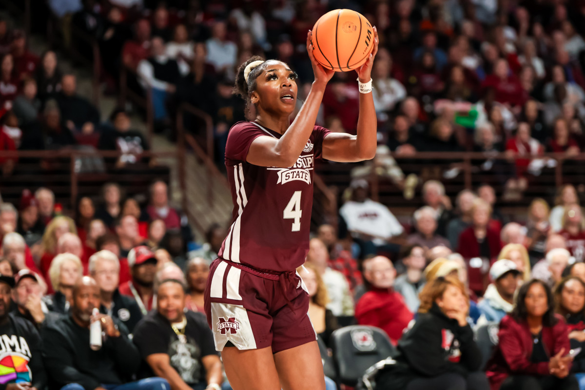 Mississippi State Bulldogs forward Jessika Carter (4) shoots against the South Carolina Gamecocks in the second half at Colonial Life Arena.