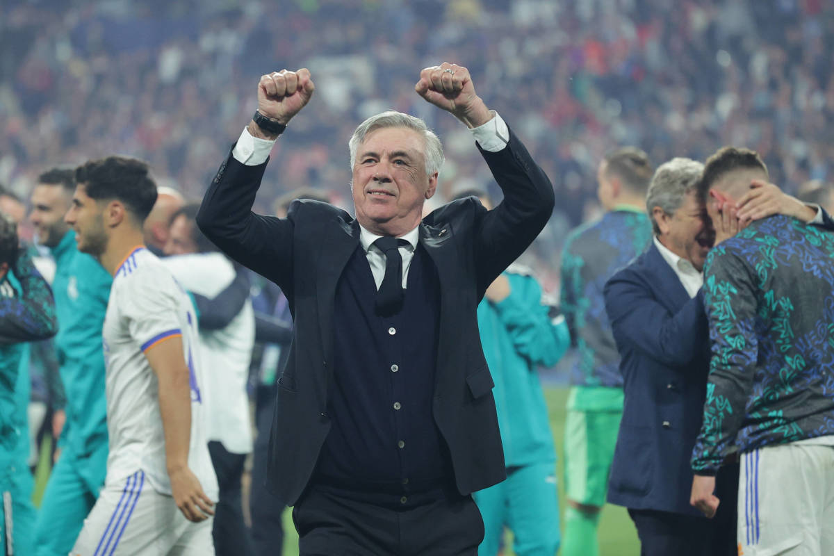 Manager Carlo Ancelotti pictured celebrating after leading Real Madrid to victory in the 2022 UEFA Champions League final