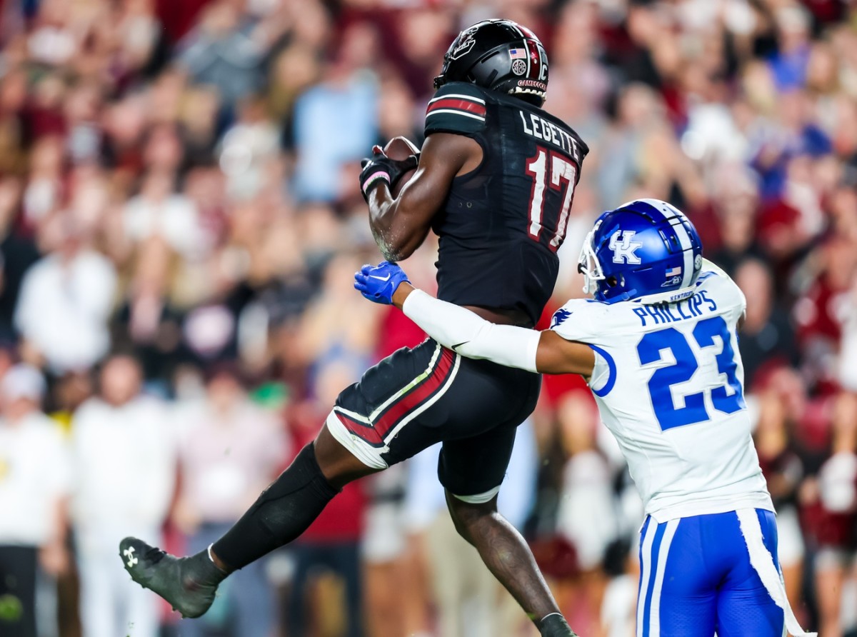 South Carolina Gamecocks wide receiver Xavier Legette (17) makes a touchdown reception over Kentucky Wildcats defensive back Andru Phillips (23) in the second half at Williams-Brice Stadium.