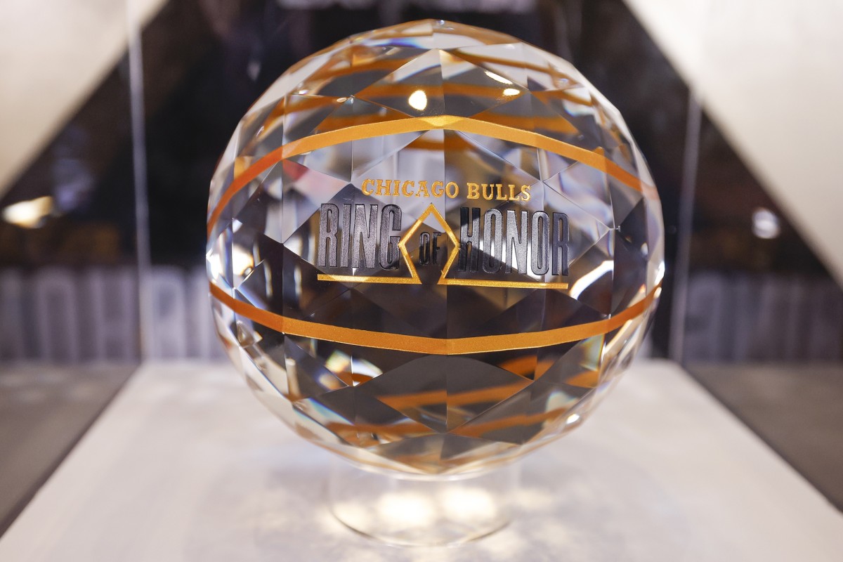 Crystal basketball for the recipients of the Ring of Honor sits on the display before a basketball game between the Chicago Bulls and Golden State Warriors at United Center. 