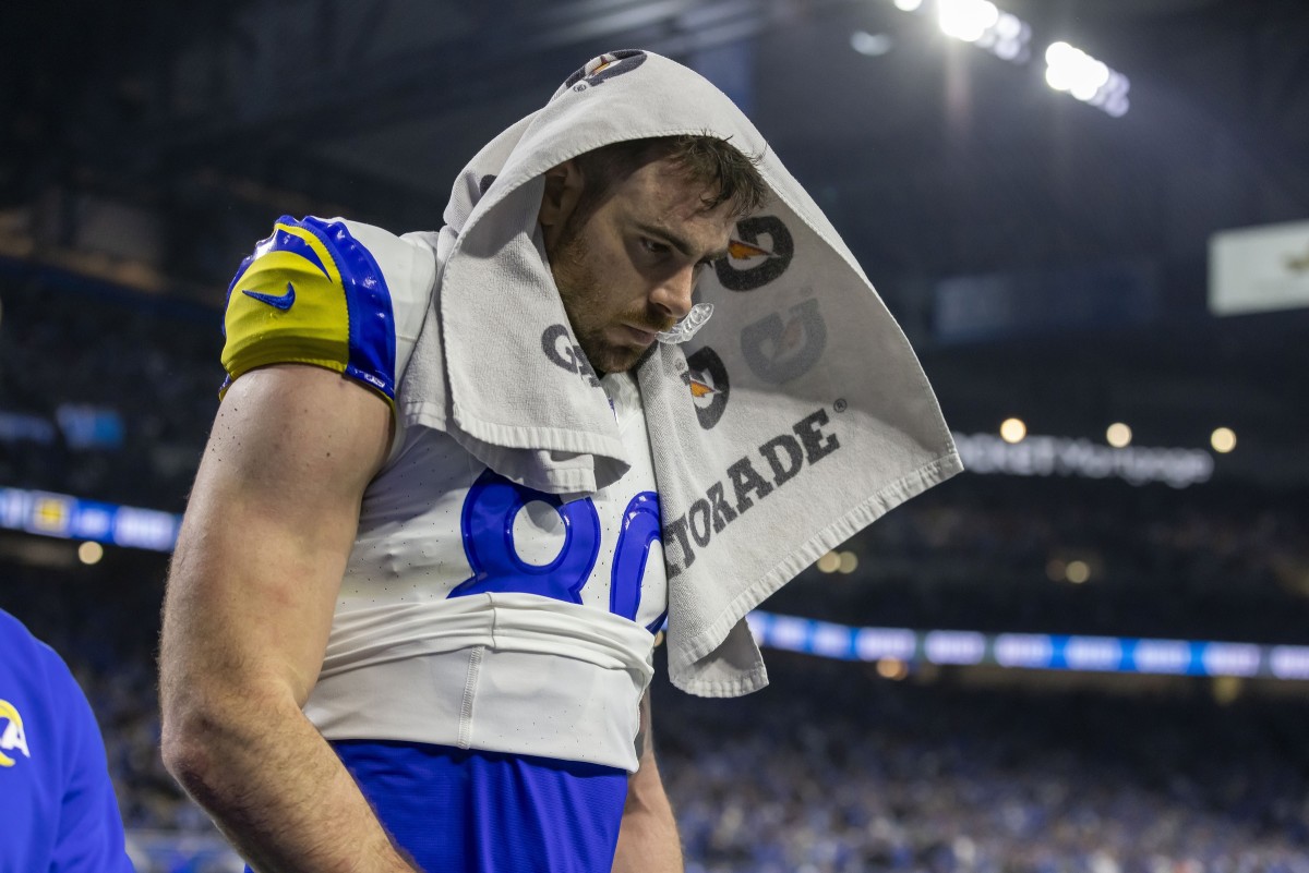 Jan 14, 2024; Detroit, Michigan, USA; Los Angeles Rams tight end Tyler Higbee (89) leaves the field after losing a 2024 NFC wild card game against the Detroit Lions at Ford Field.