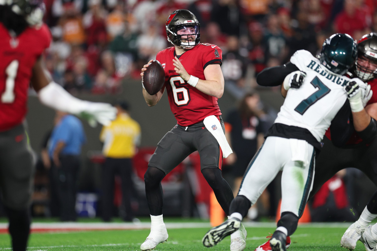Jan 15, 2024; Tampa, Florida, USA; Tampa Bay Buccaneers quarterback Baker Mayfield (6) drops back to throw against the Philadelphia Eagles during the first half of a 2024 NFC wild card game at Raymond James Stadium. Mandatory Credit: Nathan Ray Seebeck-USA TODAY Sports