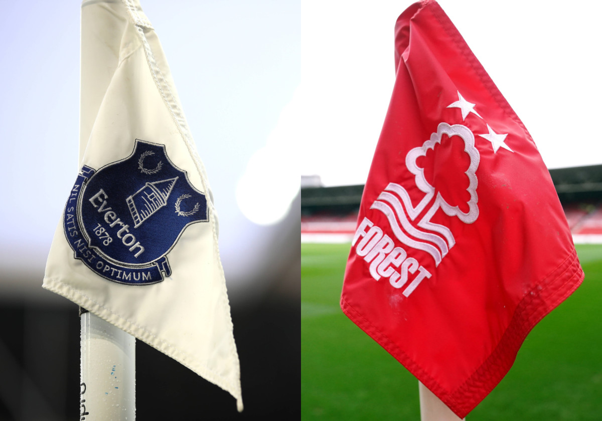 A composite image featuring two photos of corner flags - one displaying the Everton FC logo and the other Nottingham Forest's