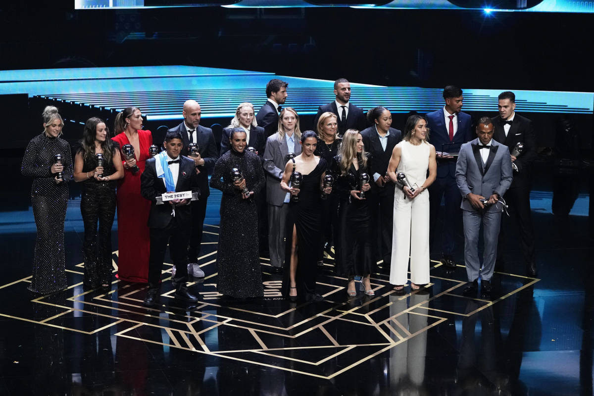 Multiple award winners pictured on stage during the ceremony for The Best FIFA Football Awards 2023