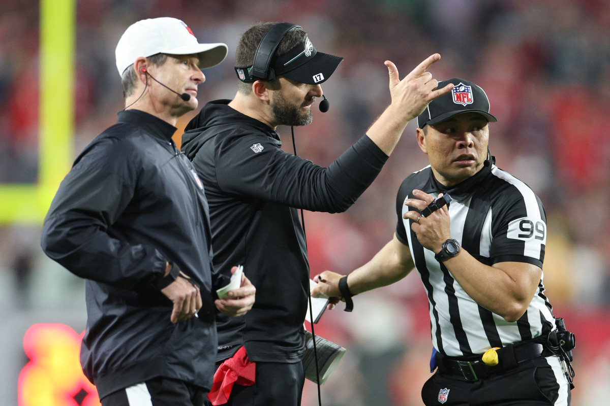 Philadelphia Eagles head coach Nick Sirianni pleads with the officials during the first half of a 2024 NFC wild card game against the Tampa Bay Buccaneers at Raymond James Stadium.