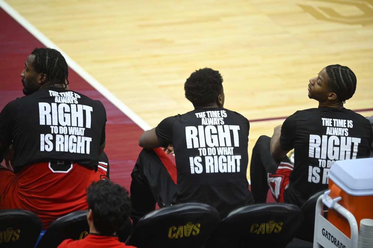 Members of the Chicago Bulls sit on the bench in the fourth quarter against the Cleveland Cavaliers at Rocket Mortgage FieldHouse.