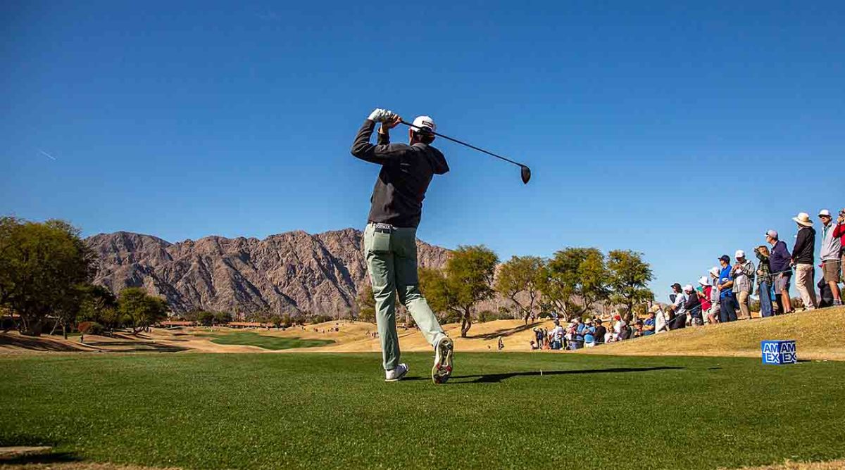 J.T. Poston hits his drive during the final round of the 2023 American Express on the Pete Dye Stadium Course at PGA West in La Quinta, Calif.