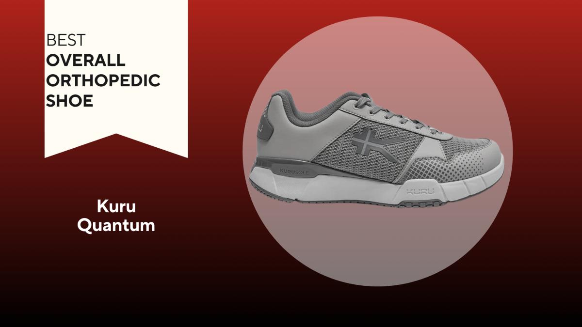 A red and black background with a white banner that reads Best Overall Orthopedic Shoe next to a picture of a gray Kuru Quantum