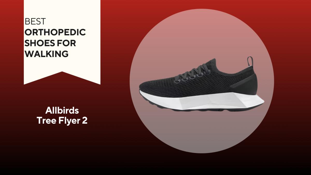A red and black background with a white banner that reads Best Orthopedic Shoes for Walking. Beside the banner is a picture of an Allbirds Tree Flyer 2