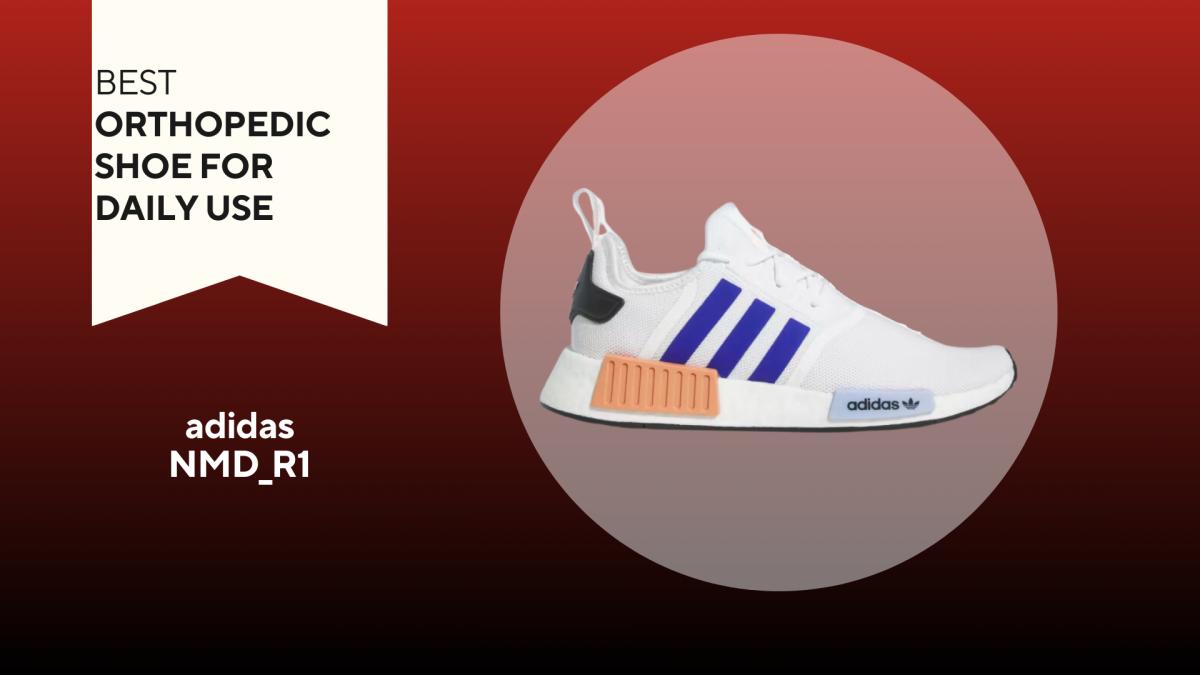 A red and black background with a white banner that reads Best Orthopedic Shoe for Daily Use next to a white, blue and orange adidas NMD_R1