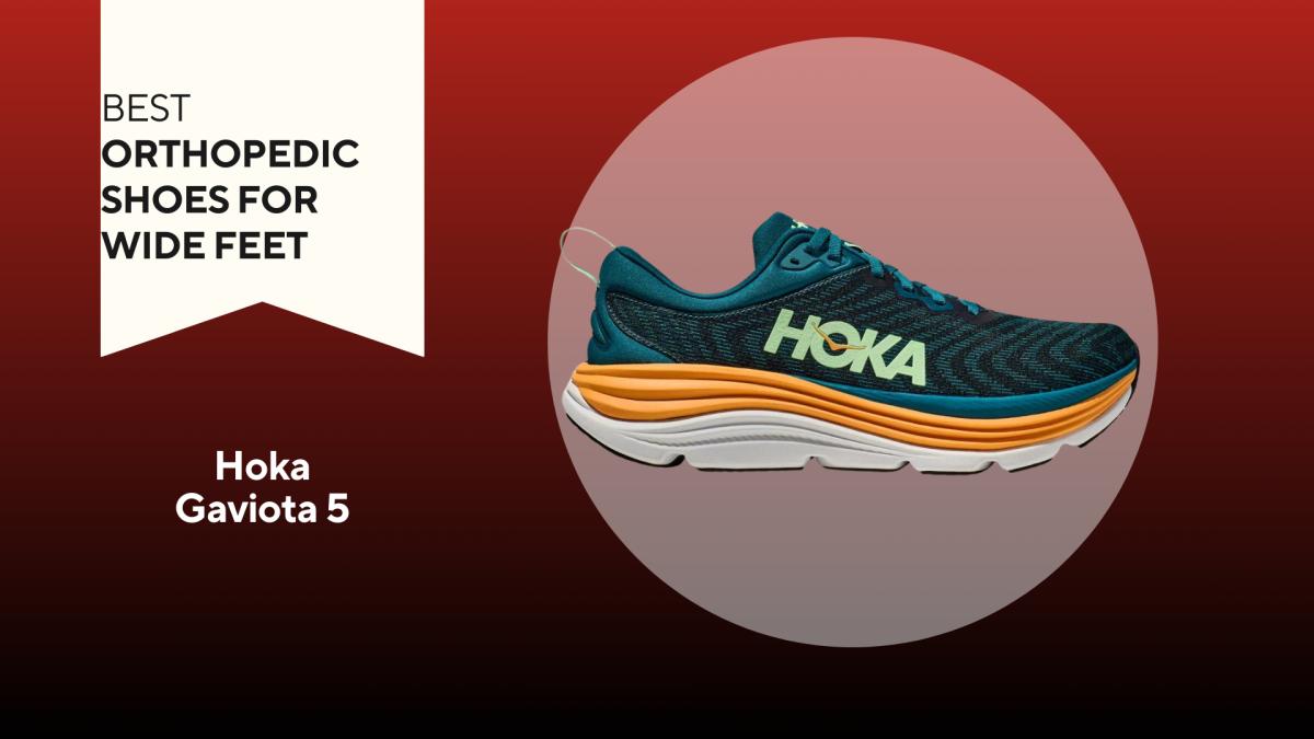 A red and black background with a white banner that reads Best Orthopedic Shoes for Wide Feet. The banner is beside a picture of a Hoka Gaviota 5 shoe