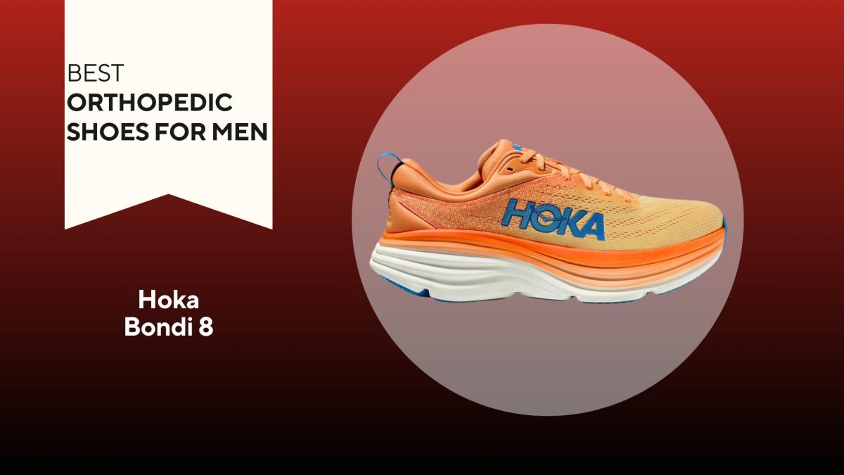 A red and black background with a white banner that reads Best Orthopedic shoes for men beside an orange and white Hoka Bondi 8 shoe