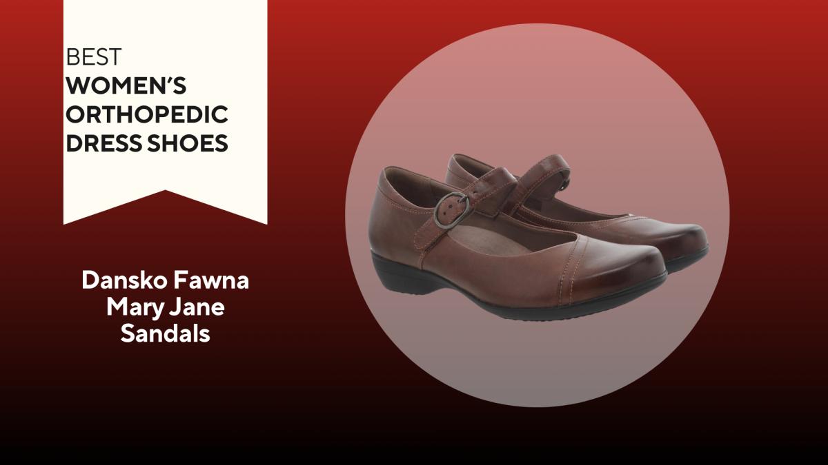 A red and black background with a white banner that reads Best Women's Orthopedic Dress Shoes beside a picture of a pair of brown Dansko Fawna Mary Jane sandals