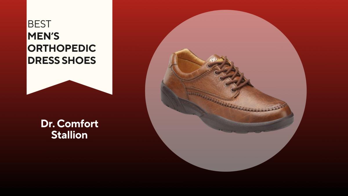 A red and black background with a white banner that reads Best Men's Orthopedic Dress Shoes next to a brown Dr. Comfort Stallion shoe
