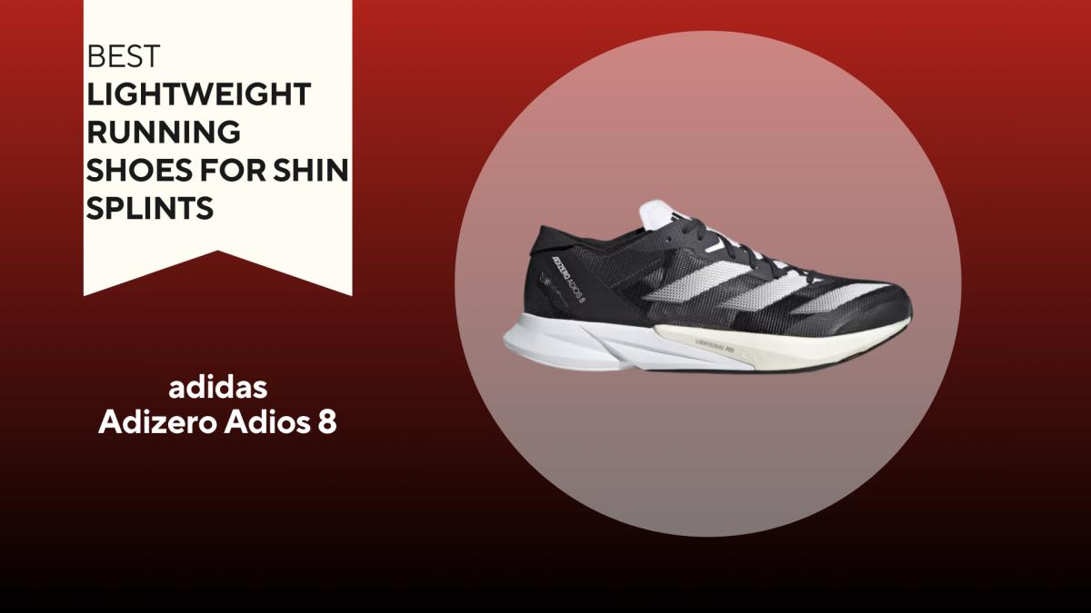 A red and black background with a white banner that reads Best LightWeight Running Shoes for Shin Splints next to a black and white adidas Adizero Adios 8 shoe