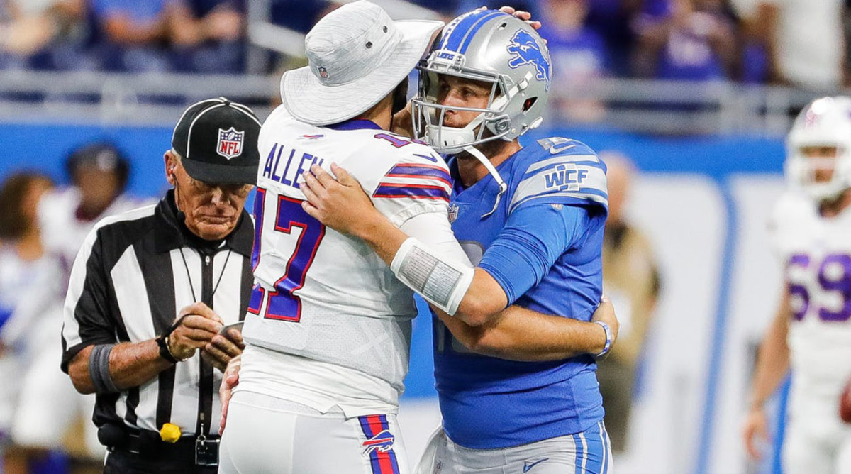 Jared Goff and Josh Allen greet each other after a game.