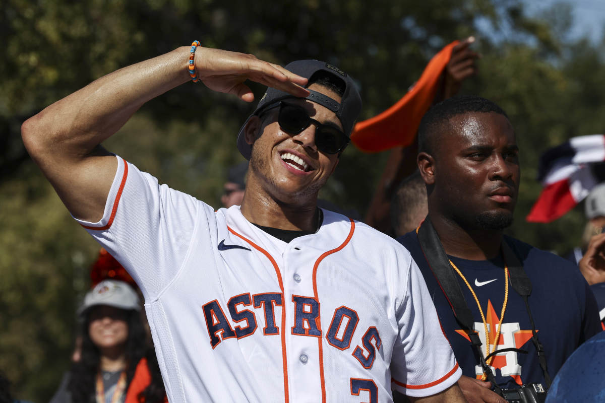 Nov 7, 2022; Houston, Texas, USA; Houston Astros shortstop Jeremy Pena (3) reacts during a parade to celebrate the Astros 2022 World Series championship.