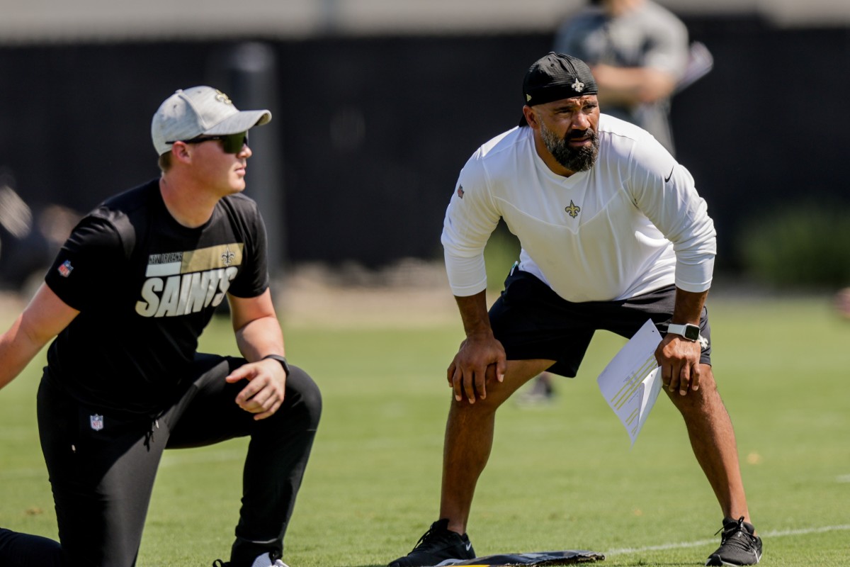 May 14, 2022; New Orleans Saints running back coach Joel Thomas looks on during rookie camp at the New Orleans Saints Training Facility. Mandatory Credit: Stephen Lew-USA TODAY Sports