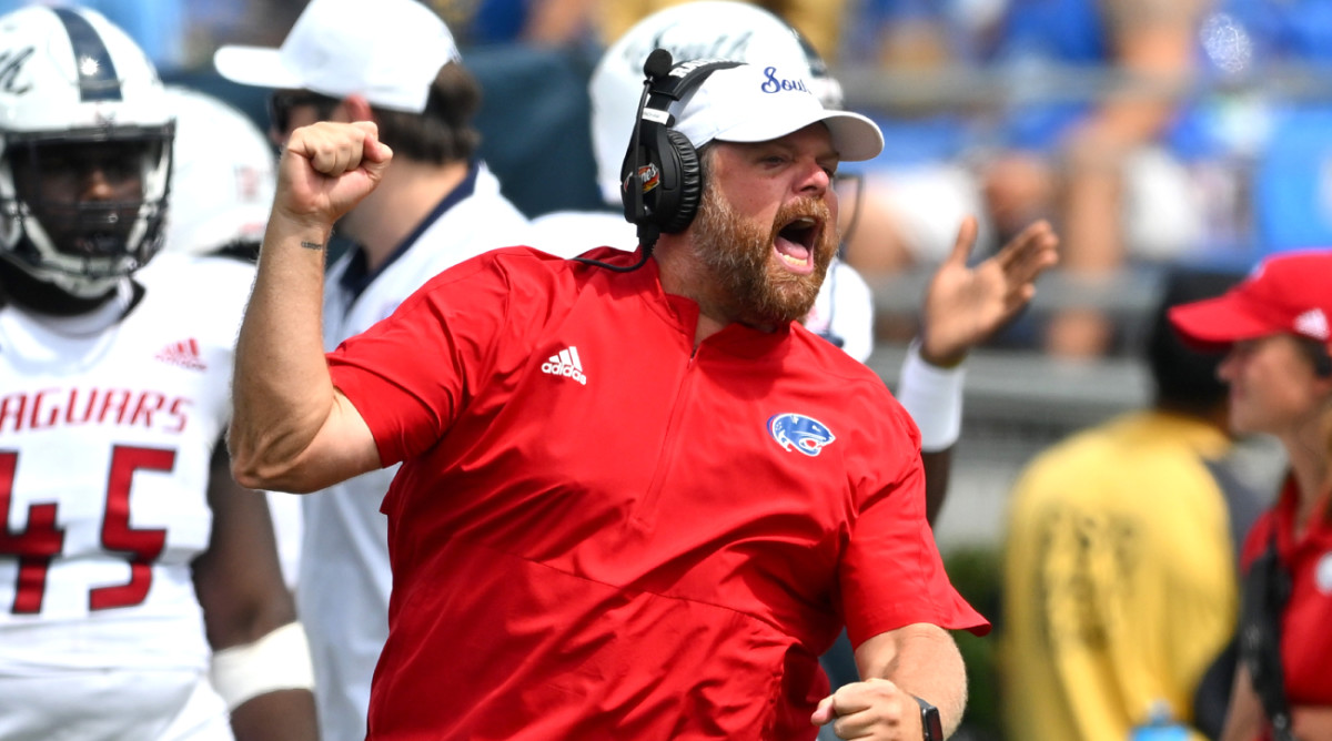 South Alabama coach Kane Wommack reacts to a play during a 2022 game.