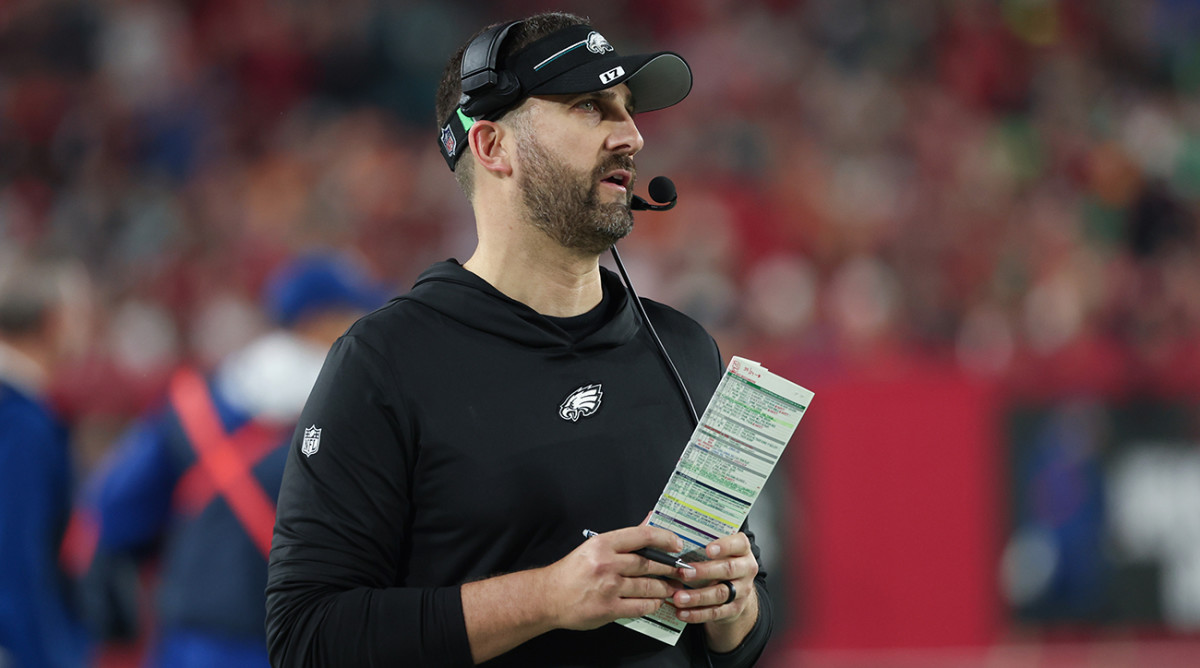 Philadelphia Eagles coach Nick Sirianni looks on during the second half of a 2024 NFC wild-card game against the Tampa Bay Buccaneers at Raymond James Stadium.