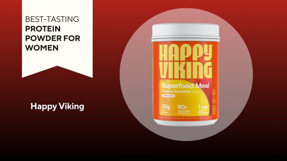 An image of a bottle of Happy Viking protein powder against a red background.