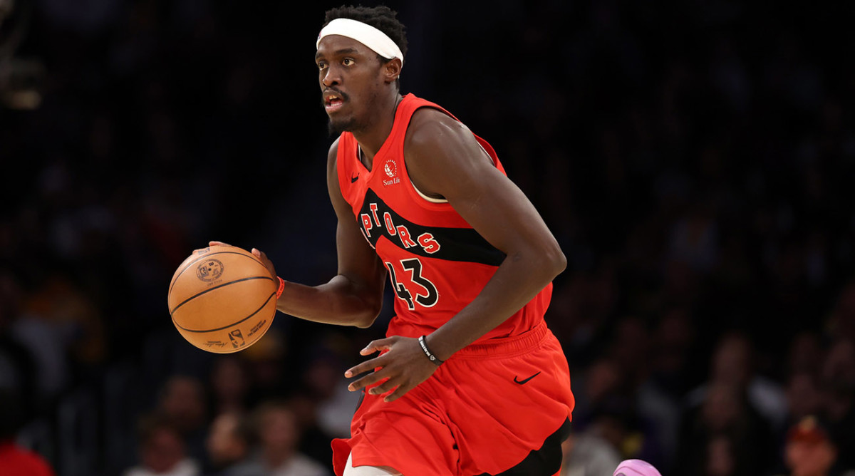 Pascal Siakam dribbles the ball during the third quarter in a game against the Los Angeles Lakers.
