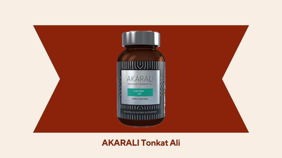A bottle of AKARALI Tonkat Ali capsules against a red and beige background
