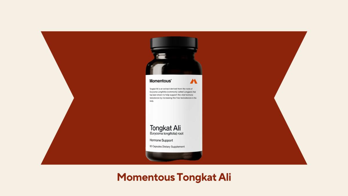 A bottle of the Momentous Tongkat Ali against a red and beige background