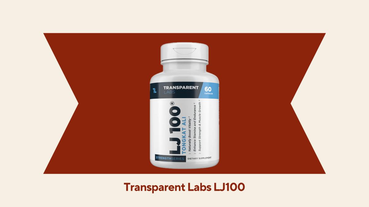 A bottle of the Transparent Labs LJ100 against a red and beige background