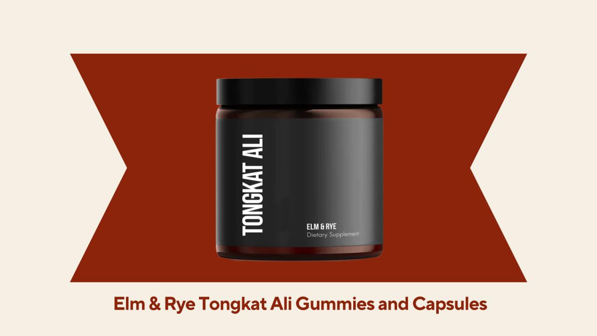 A bottle of the Elm & Rye Tongkat Ali Gummies and Capsules against a red and beige background