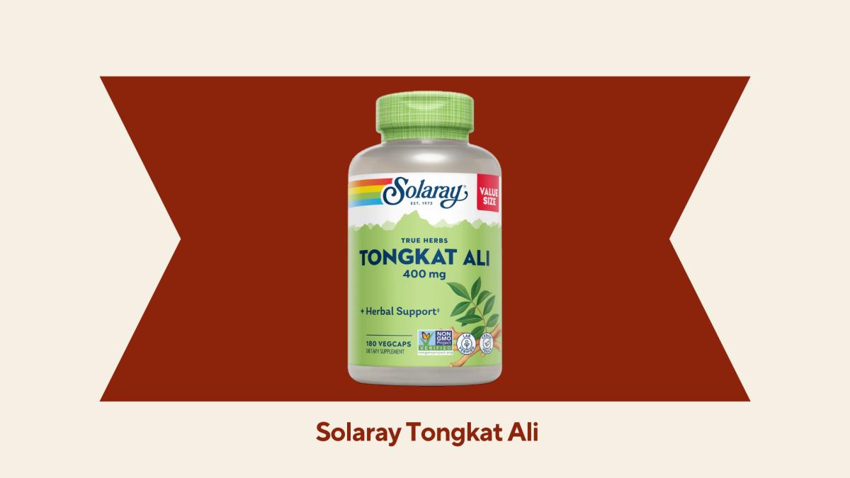 A bottle of the Solaray Tongkat Ali against a red and beige background