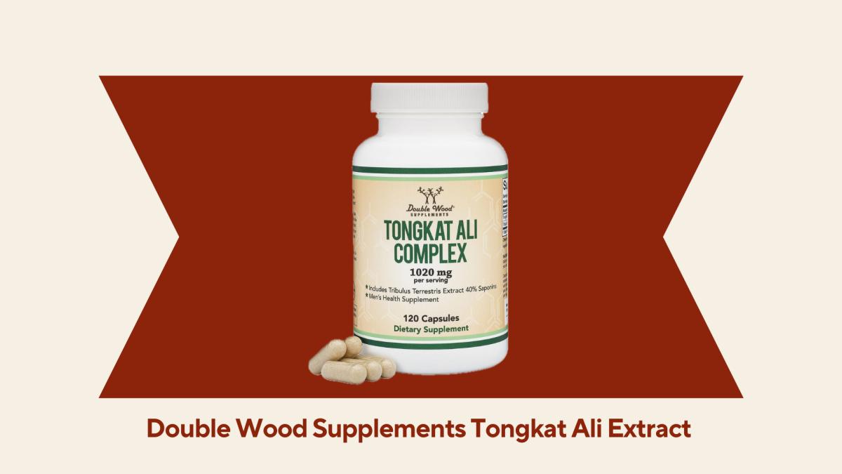 A bottle of the Double Wood Supplements Tongkat Ali Extract Triple Pack against a red and beige background