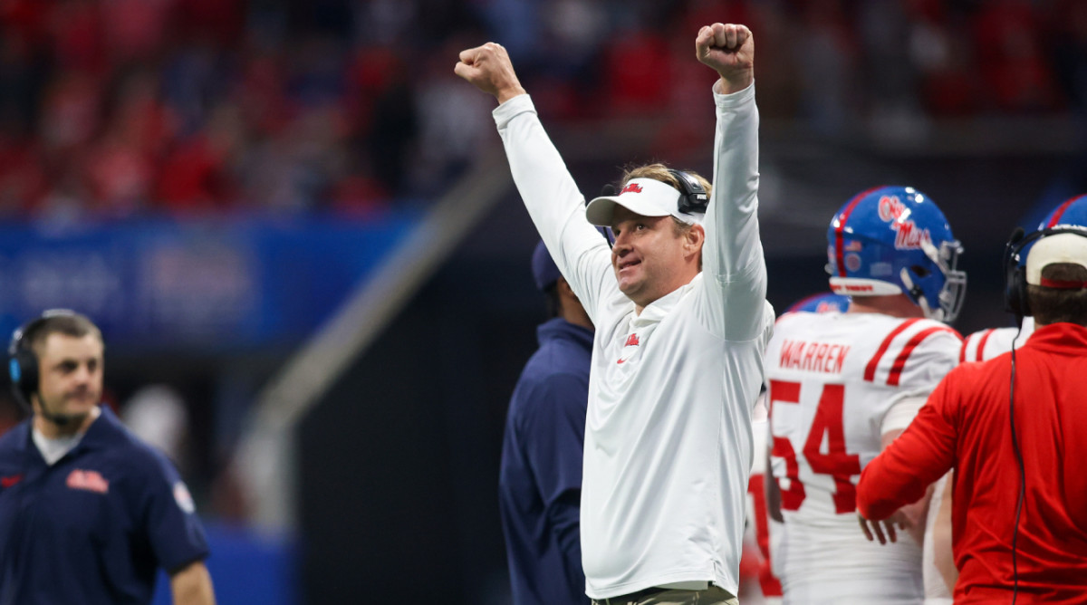 Ole Miss coach Lane Kiffin celebrates during the Peach Bowl.