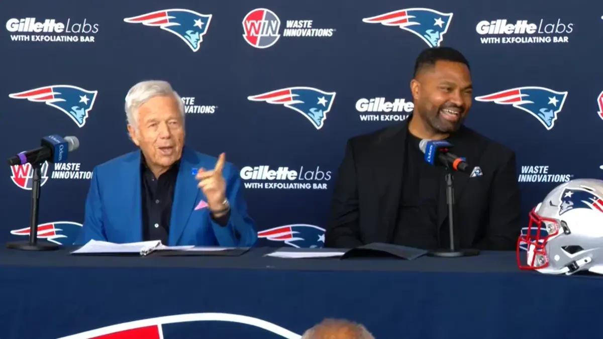 New England Patriots owner Robert Kraft and head coach Jerod Mayo