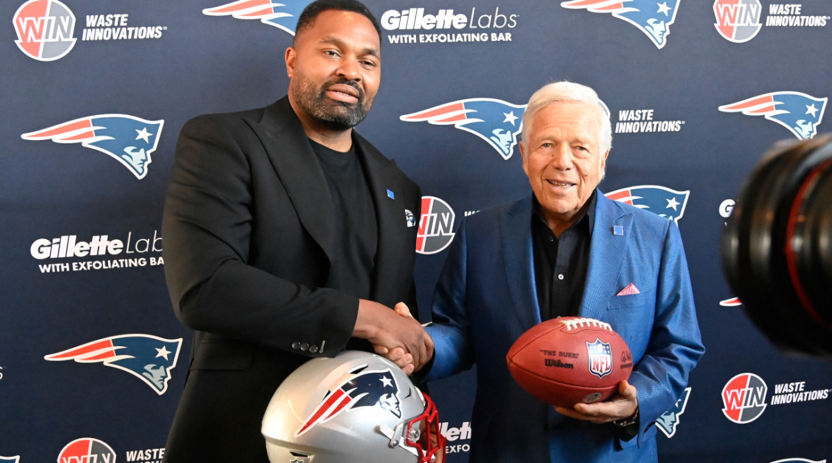 Jan 17, 2024; Foxborough, MA, USA; New England Patriots head coach Jerod Mayo (L) and owner Robert Kraft pose for photos after a press conference announcing Mayo's hiring as the team's head coach at Gillette Stadium. Mandatory Credit: Eric Canha-USA TODAY Sports  