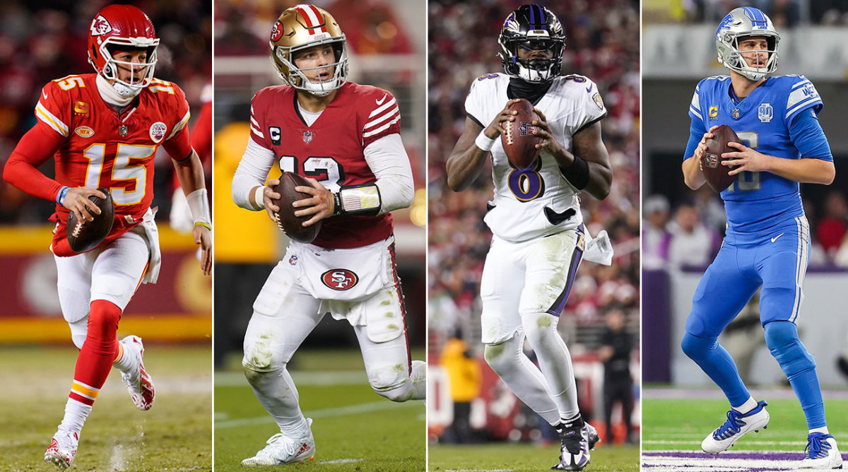 Separate photos of Patrick Mahomes, Brock Purdy, Lamar Jackson and Jared Goff holding the ball.