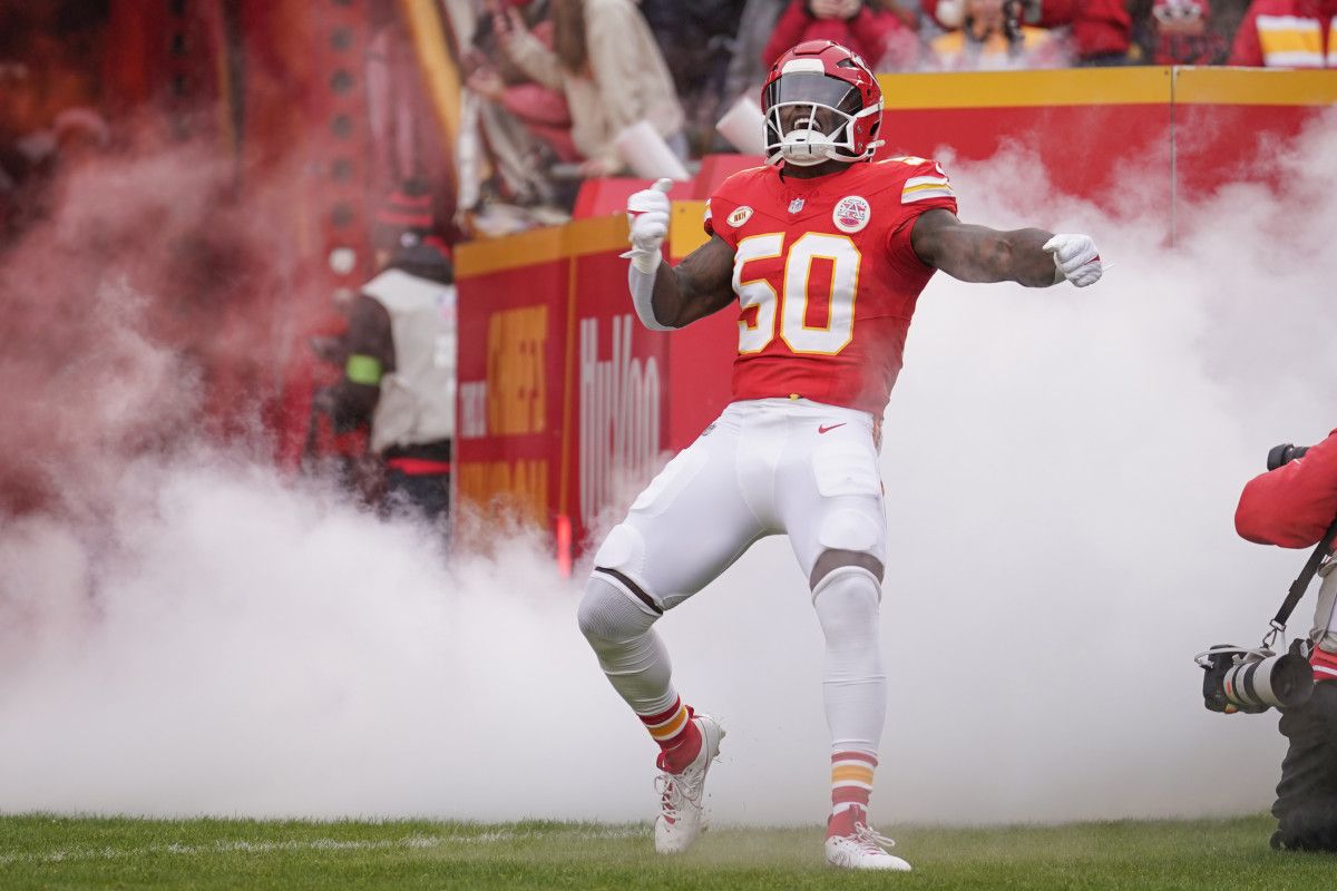 Kansas City Chiefs linebacker Willie Gay (50) is introduced against the Las Vegas Raiders prior to a game at GEHA Field at Arrowhead Stadium.