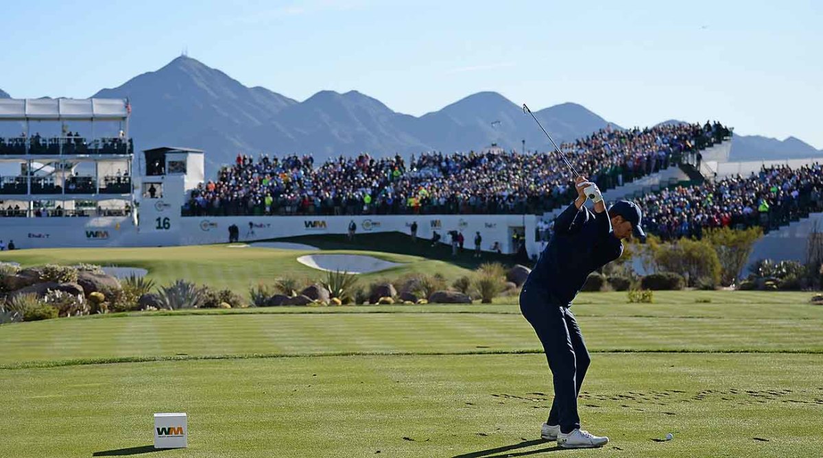 Jordan Spieth is shown teeing off at the 16th hole of the 2020 Waste Management Phoenix Open.