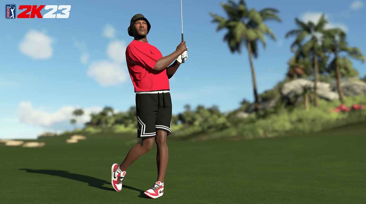 Michael Jordan swings in a screenshot from the PGA Tour 2K23 video game.
