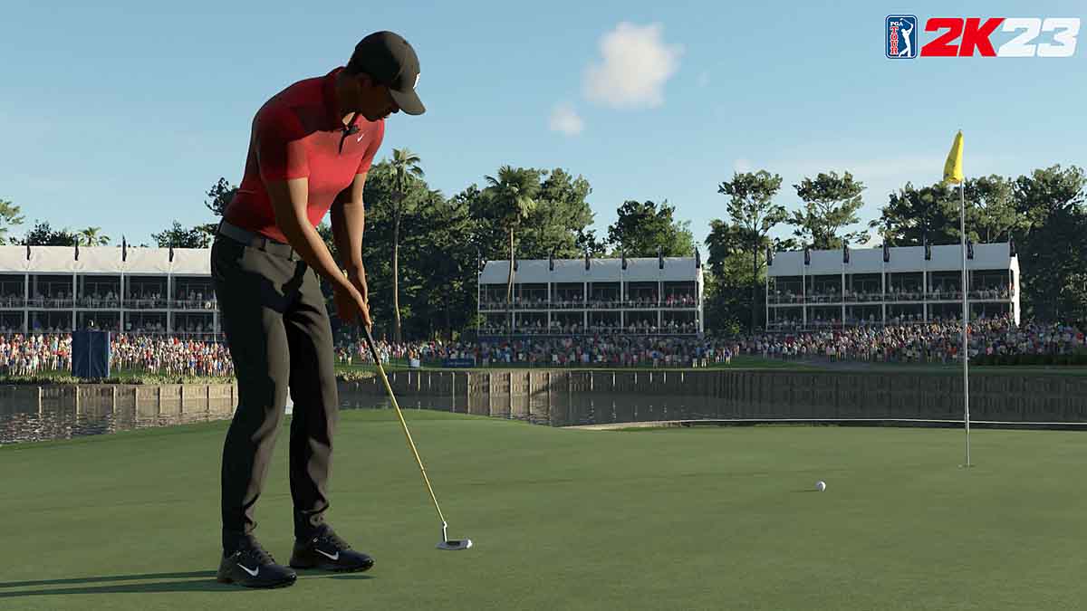 Tiger Woods putts at TPC Sawgrass in a screenshot from the PGA Tour 2K23 video game.