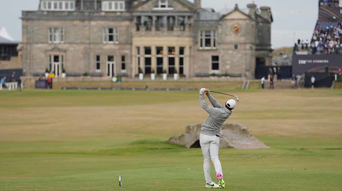 Rory McIlroy tees off on the 18th hole on Saturday at the 2022 British Open.