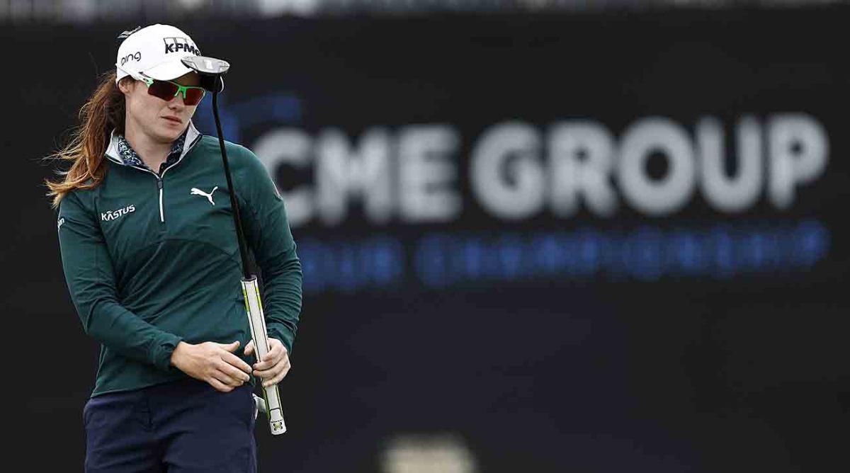 Leona Maguire of Ireland reacts to a putt during the final round of the 2022 CME Group Tour Championship at Tiburon Golf Club in Naples, Florida.