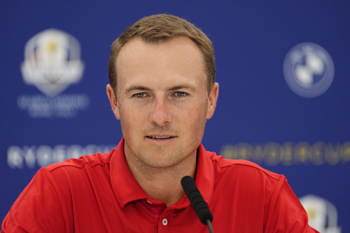 Team USA golfer Jordan Spieth addresses the media in a press conference prior to a practice round of the Ryder Cup golf competition at Marco Simone Golf and Country Club. 