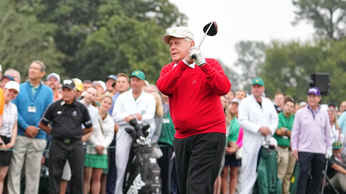 Jack Nicklaus hits his tee shot as an Honorary Starter at the 2023 Masters tournament.