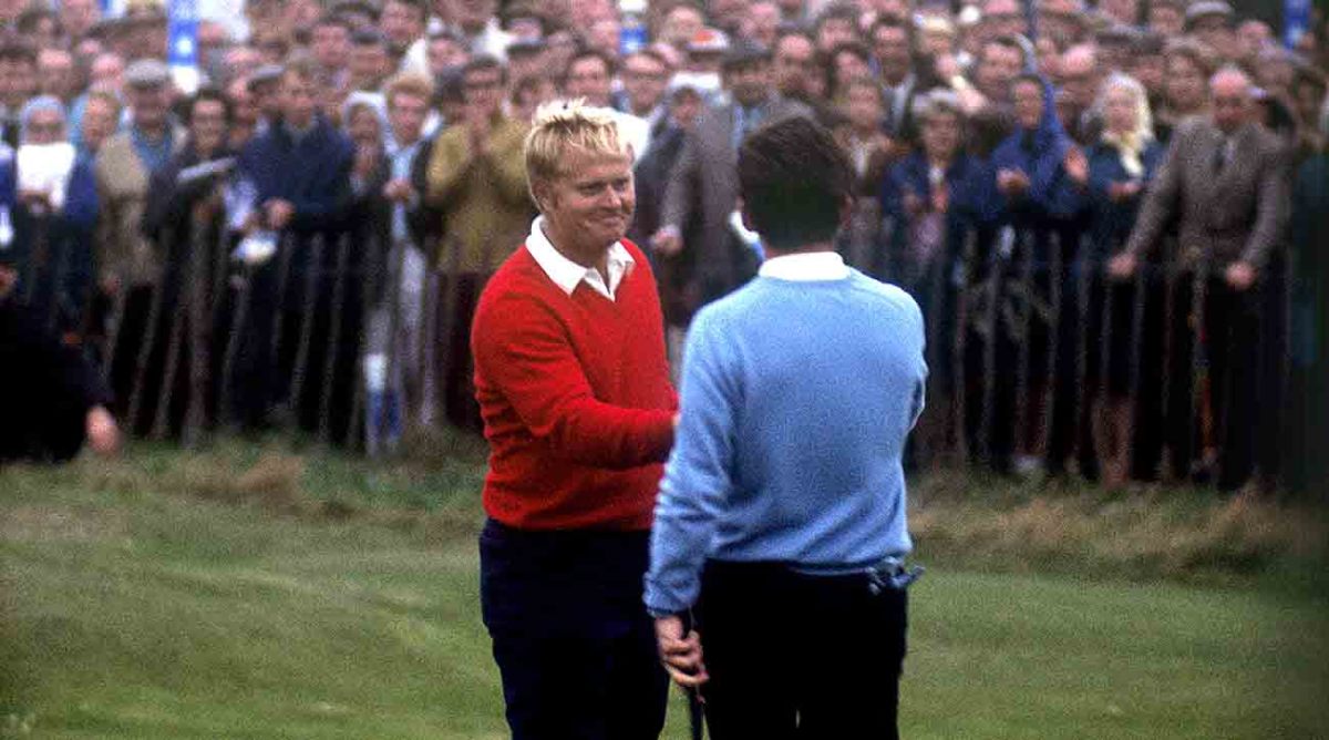 Jack Nicklaus (left) and Tony Jacklin after halving their match in the 1969 Ryder Cup at the Royal Birkdale Links.