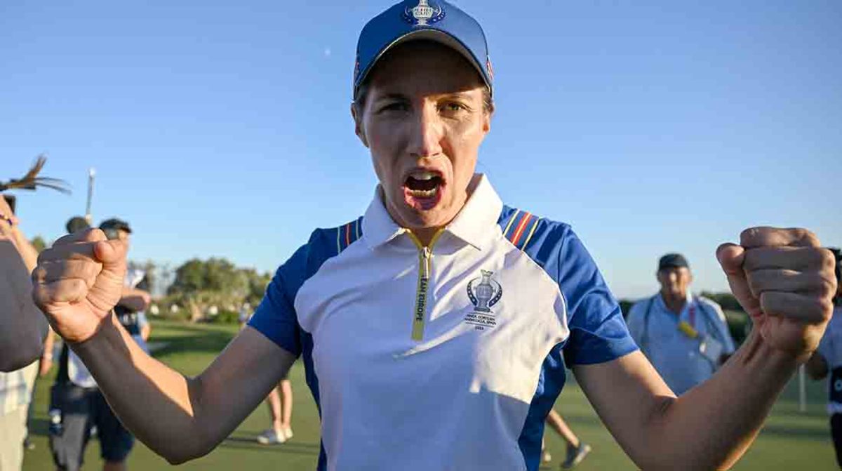 Caroline Ciganda of Spain celebrates in her home country as Europe won the afternoon session 3-1 to tie the Solheim Cup.